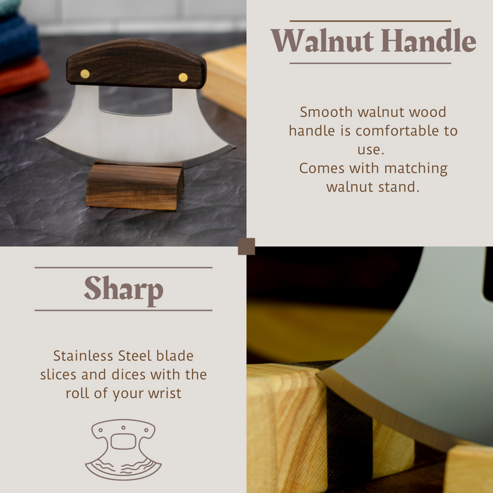 two photos of Alaskan Ulu knife with stainless steel blade sitting in Ulu knife stand and graphics with details about Walnut handle and sharp blade on knife