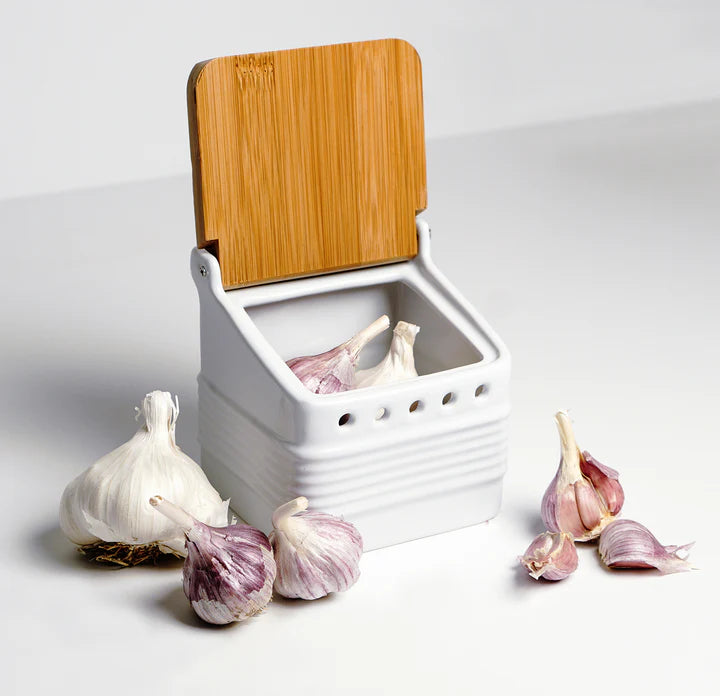 Stoneware Ceramic Garlic Keeper Food Storage Container for Garlic, Shallots, and Ginger by RSVP