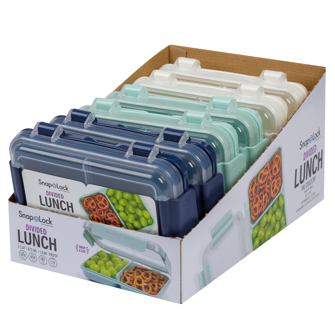 six snap lock divided lunch plastic snack boxes in navy, light blue, and white colors with packaging in open box