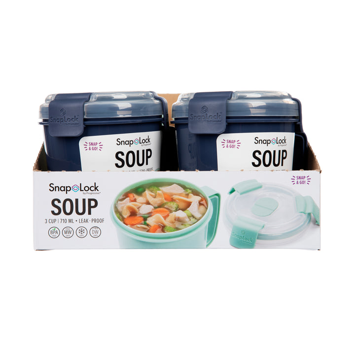 two navy plastic food containers for soup with lids in open box