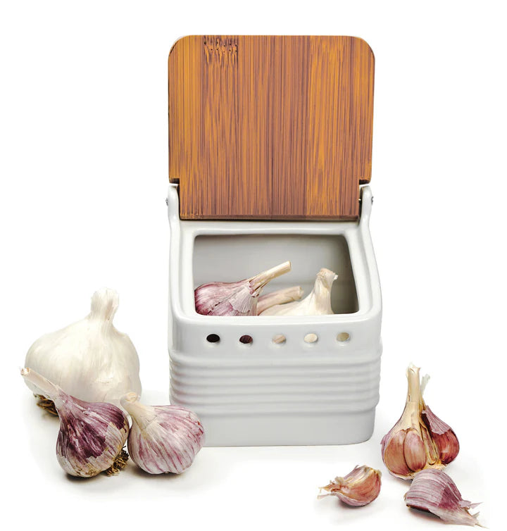 Stoneware Ceramic Garlic Keeper Food Storage Container for Garlic, Shallots, and Ginger by RSVP