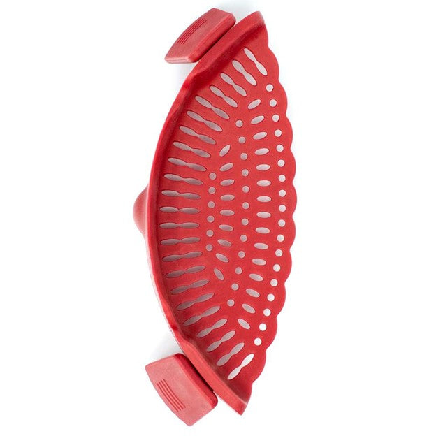 top view of red clip on kitchen strainer for cooking