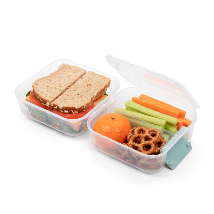 plastic lunch box container with compartments and lunch food inside