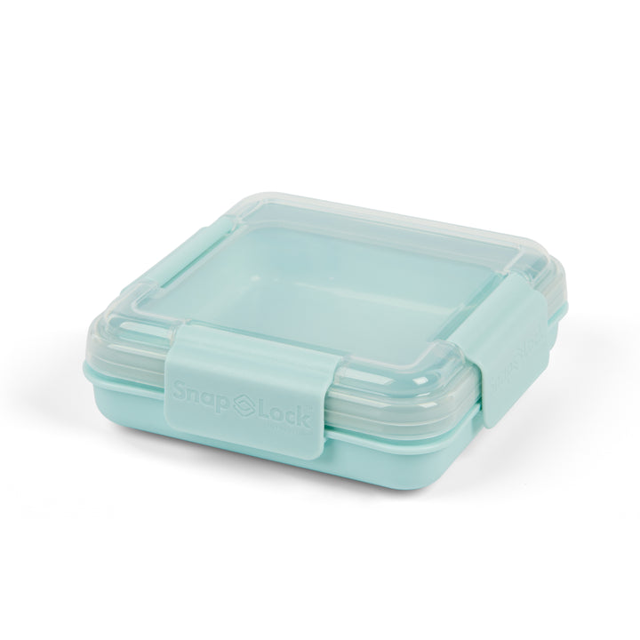 empty light blue plastic food container lunch box with closed and sealed lid