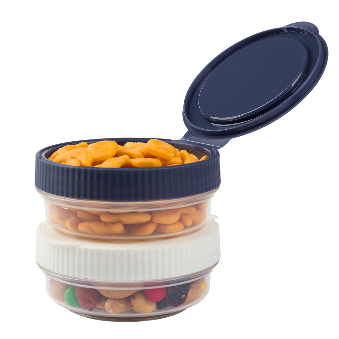 two stackable food storage containers for snacks that snap together, full of trail mix and goldfish