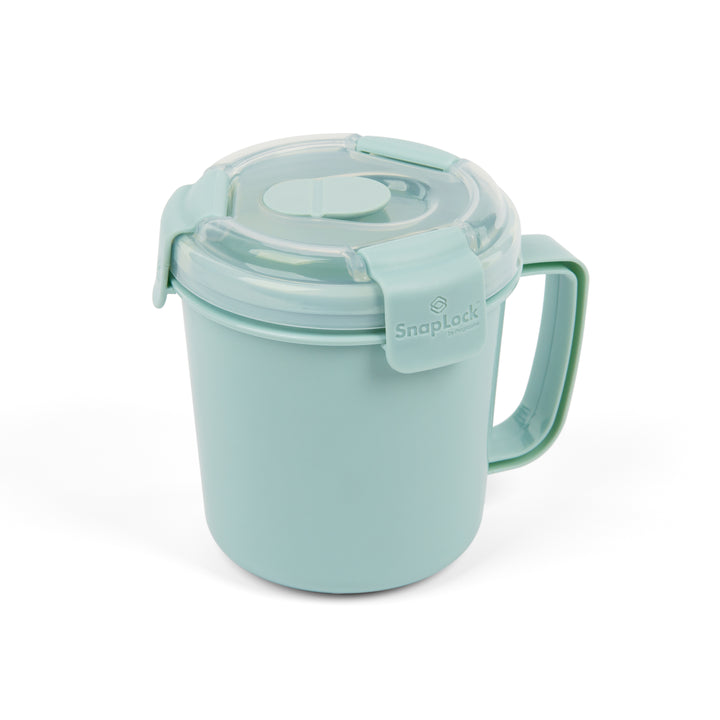 empty light blue plastic food storage container for soup with snap lid