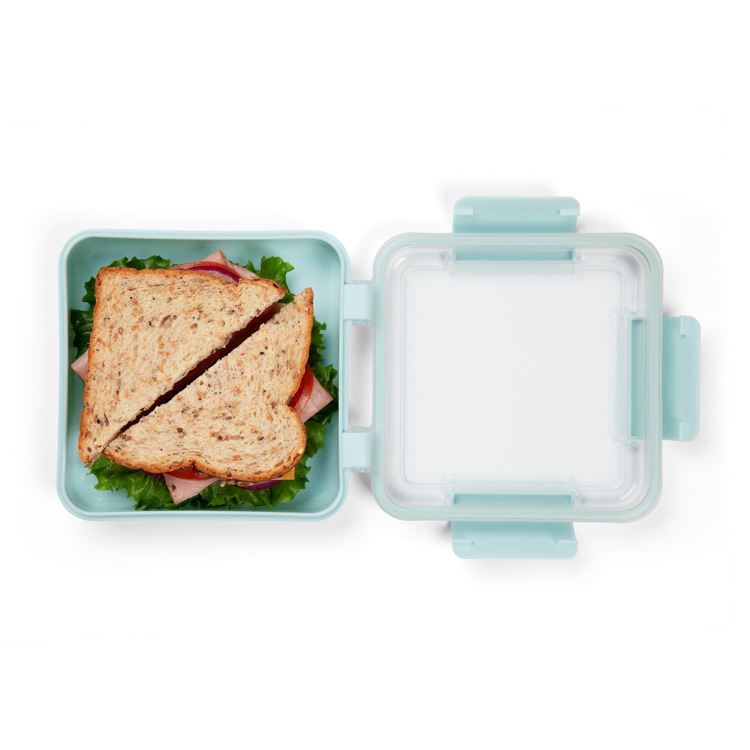 top view of light blue plastic food storage container with sandwich inside and lid hinged onto storage compartment