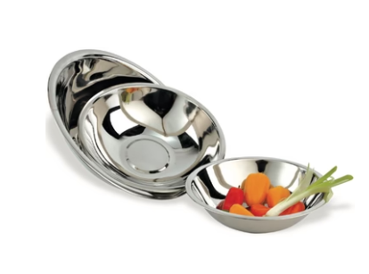 three stainless steel silver mixing bowls with veggies